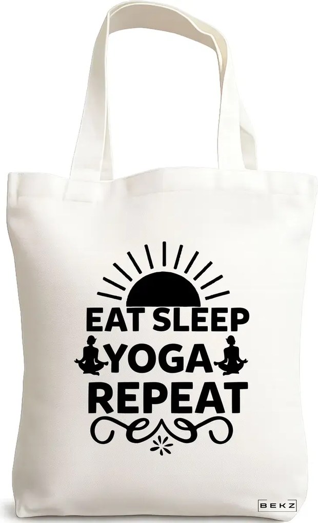 Sacosa de Panza pentru Cumparaturi, Geanta Tote Yoga Eat Sleap Yoga Repeat, 38x34.5 cm, Alba, BEKZ®