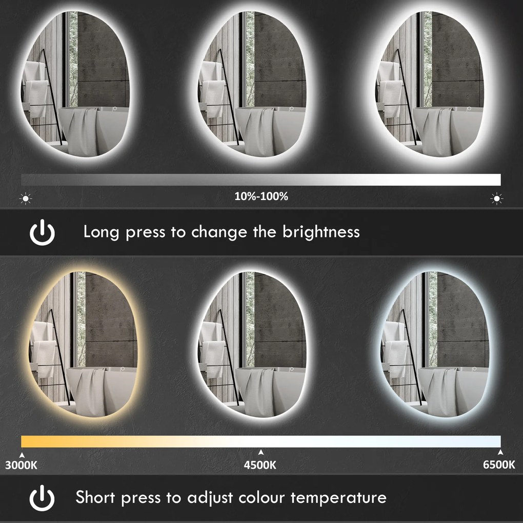 HOMCOM Oglindă de Baie LED cu Comutator Tactil Inteligent și  Intensitate Reglabilă, 80x5x60 cm, Argintiu | Aosom Romania