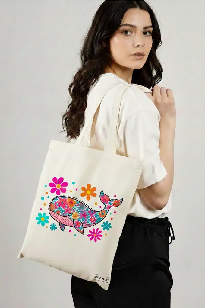 Sacosa de Panza pentru Cumparaturi, Geanta Tote, model Fish Flower, 38 x 34.5 cm, Alba, BEKZ®