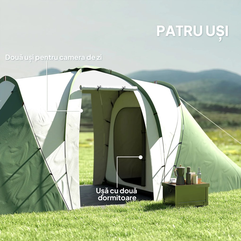 Outsunny Cort de Camping pentru 4-6 Persoane cu 2 Camere, 2 Uși și Geantă de Transport, 555x225x190 cm, Verde | Aosom Romania