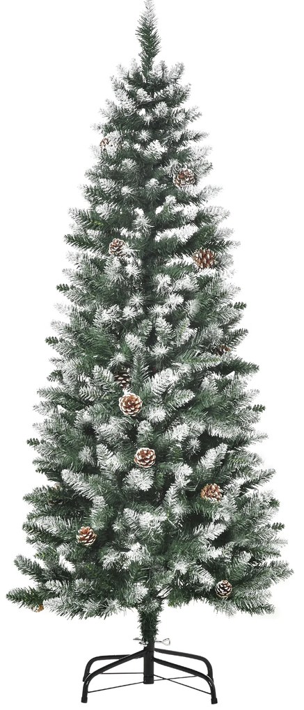 HOMCOM Brad de Crăciun Înzăpezit cu 464 crengi și 28 conuri, Brad Artificial cu Bază Detașabilă, Ø69x150 cm, Verde | Aosom Romania