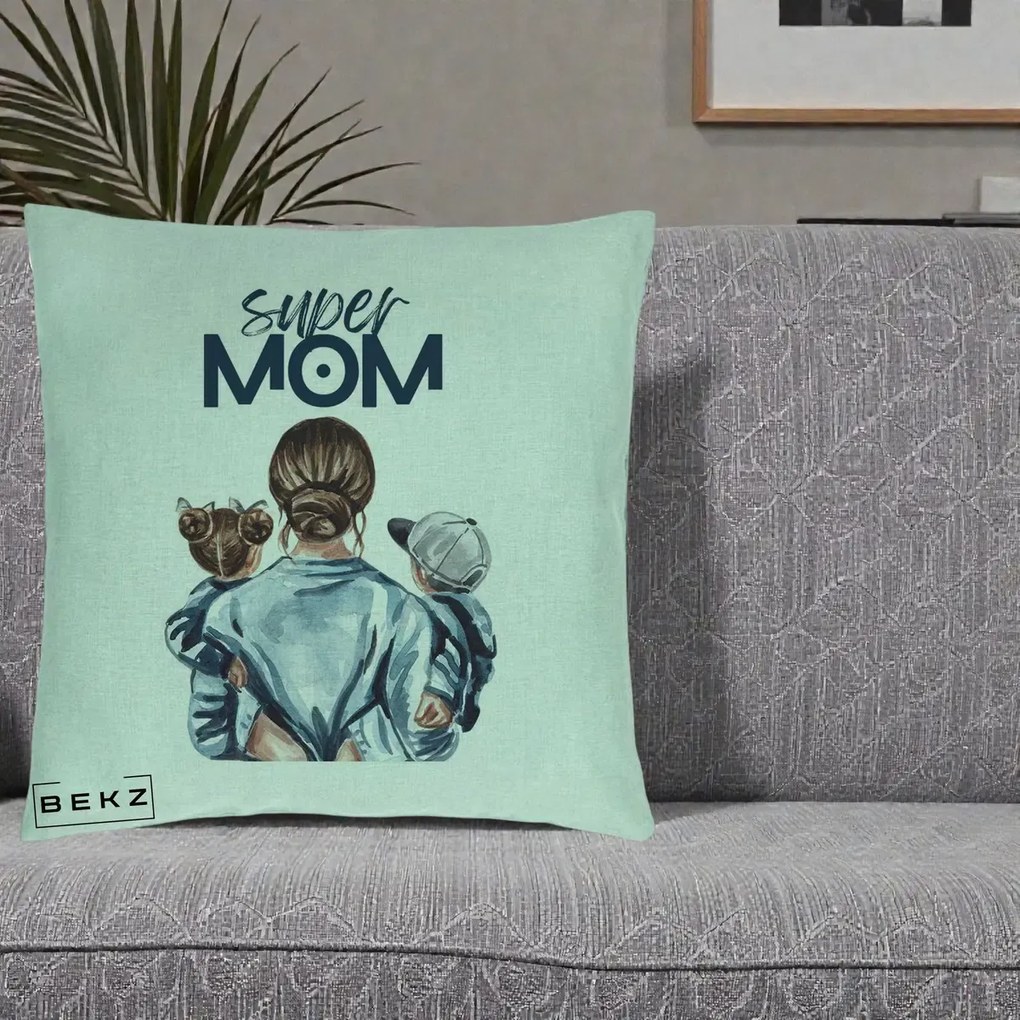 Cadou pentru Mama - Perna Personalizata Super Mom, 40x40 cm, Verde Menta, Husa Detasabila, Perna Inclusa, BEKZ®
