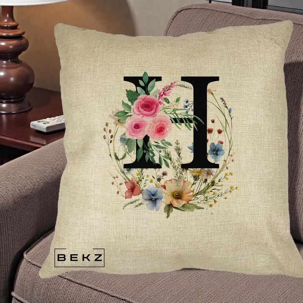 Cadou Personalizat - Perna Personalizata Monogram Litera H cu Flori Acuarela, 40x40 cm, Crem, Husa Detasabila, Perna Inclusa, BEKZ®