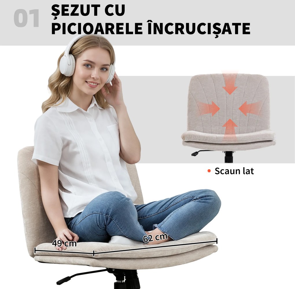 Scaun de Birou HOMCOM, Reglabil, Înclinabil și Rotativ, din Chenille și Oțel, 62x67x83-93 cm, Bej | Aosom Romania