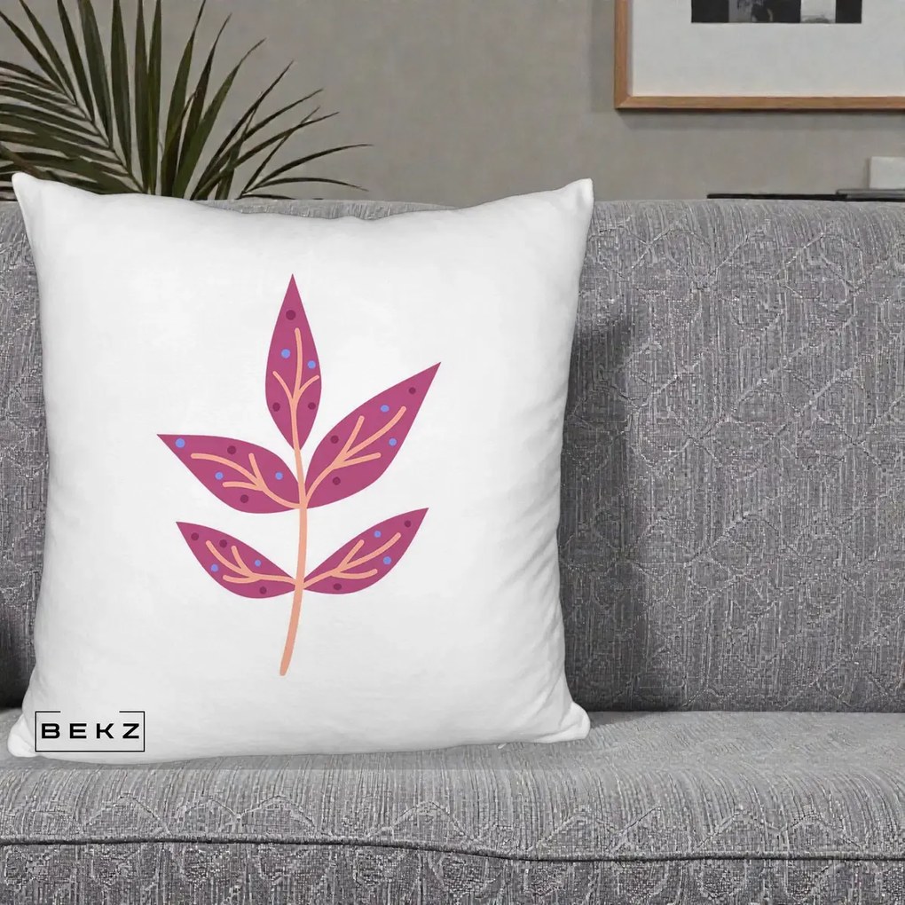 Perna Decorativa Ramura Botanica Mov, 40x40 cm, Alb Pufos, Husa Detasabila, Perna Inclusa, BEKZ®