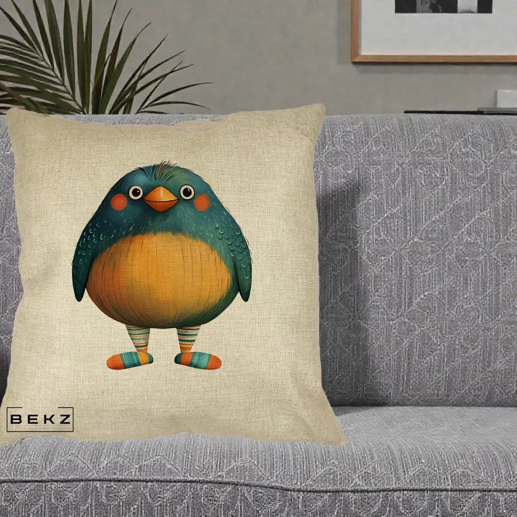 Perna Decorativa Pasare Teal cu Sosete Dunghi, 40x40 cm, Crem, Husa Detasabila, Perna Inclusa, BEKZ®