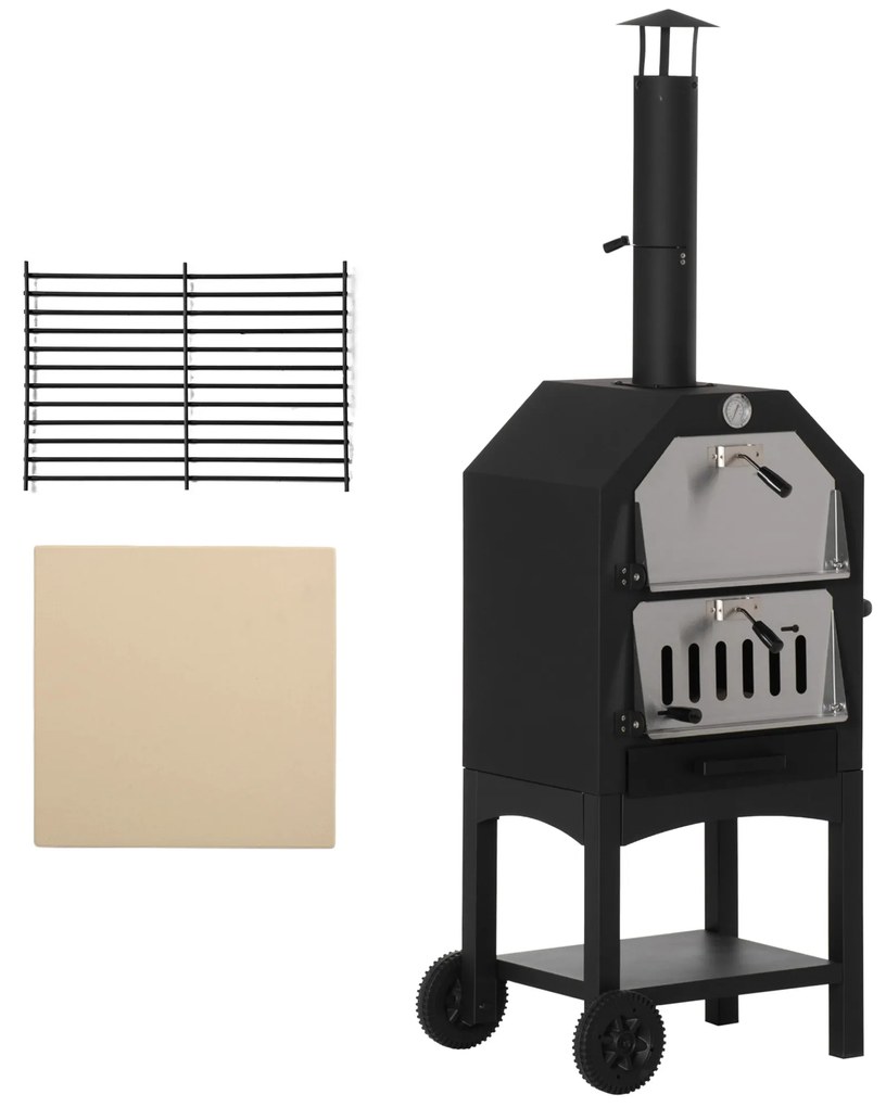 Cuptor Pizza Outsunny din otel inoxidabil Gratar cu carbune, 50x36x160cm Negru | Aosom Romania