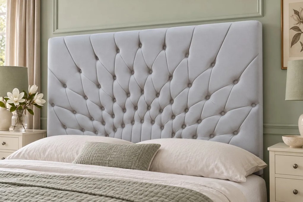 Pat tapițat Chesterfield din catifea Venezia 160×200 cm, gri deschis, cu ladă de depozitare