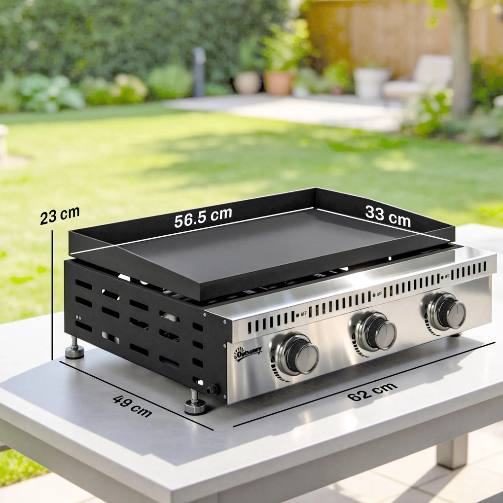 Outsunny Plancha pe gaz 9 kW 3 arzătoare din oțel inoxidabil, suprafață de gătit 56,5 x 33 cm, tavă de colectare a grăsimilor, negru | Aosom Romania