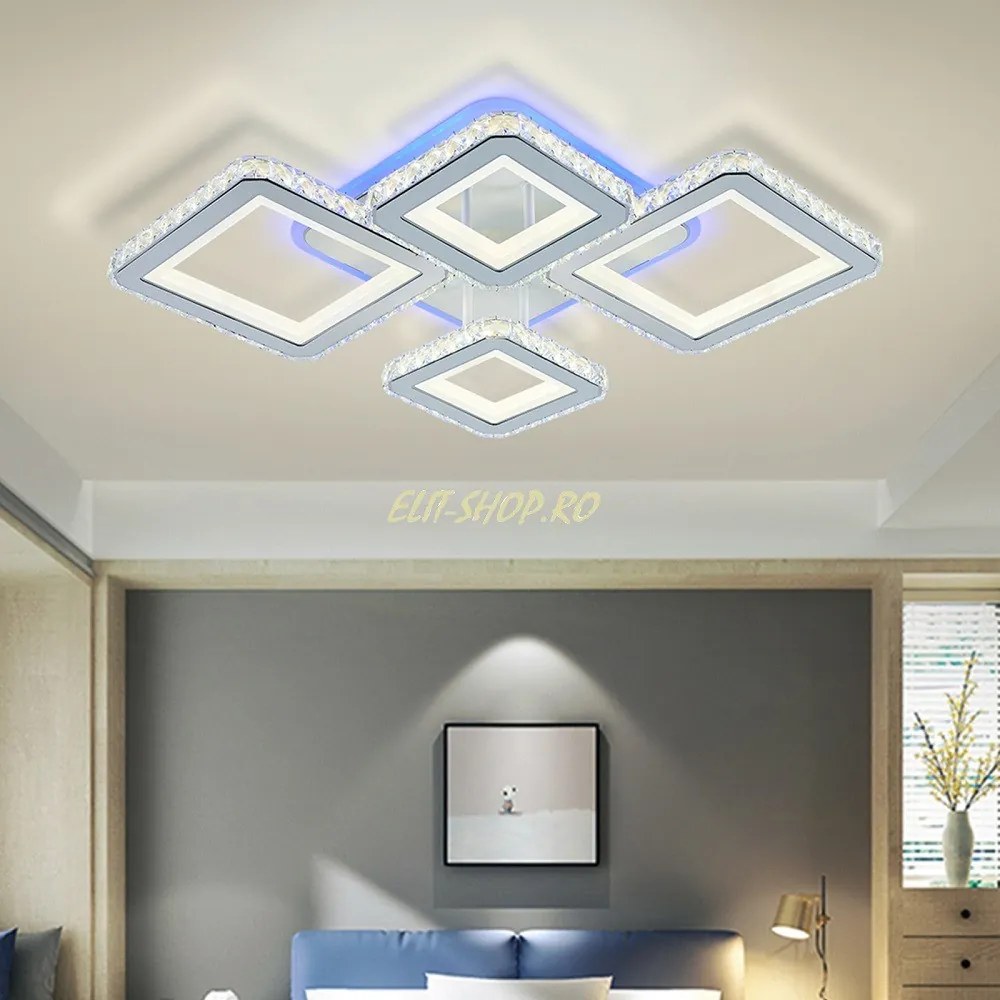 Lustra LED Cu Telecomanda, Elit'sCristal, 2-2 Patrate, Alb, 168 W, RGB