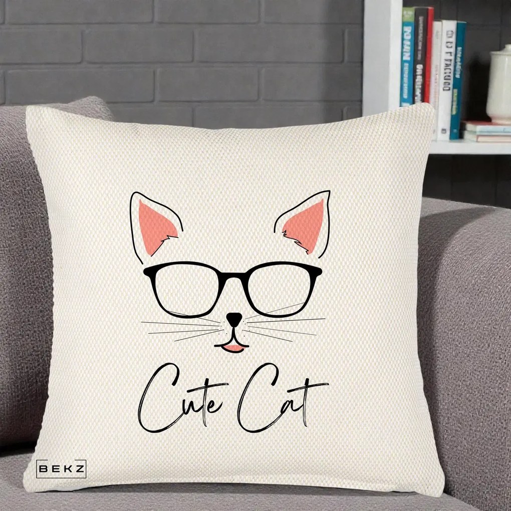 Perna Personalizata Cute Cat cu Ochelari, 40x40 cm, Crem Reliefat, Husa Detasabila, Perna Inclusa, BEKZ®