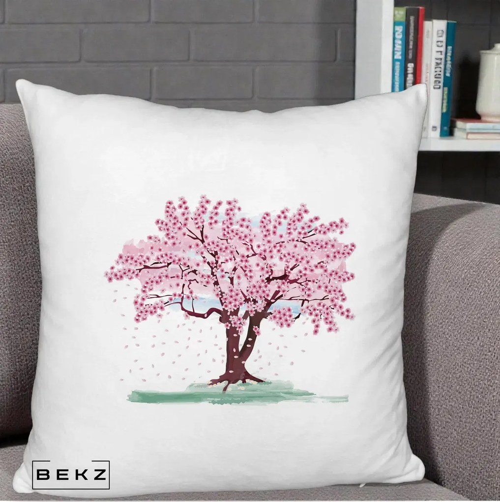 Perna Decorativa Cires Inflorit Acuarela, 40x40 cm, Alb Pufos, Husa Detasabila, Perna Inclusa, BEKZ®