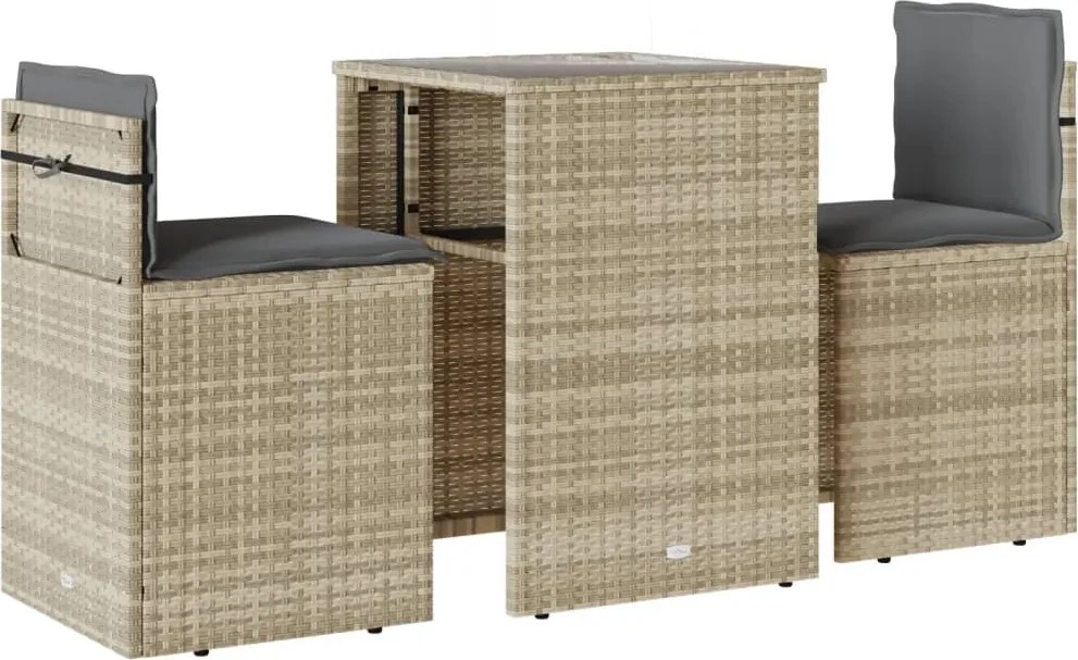 vidaXL Set bistro cu perne, 3 piese, gri deschis, poliratan