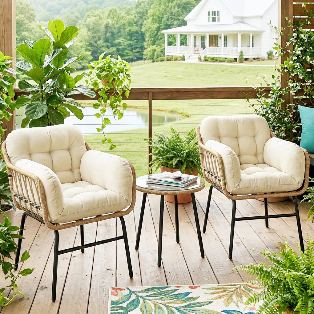 Outsunny Set mobilier exterior 3 piese din rășină împletită, masă din sticlă securizată, 2 fotolii cu perne, 62x73x79cm, Kaki | Aosom Romania