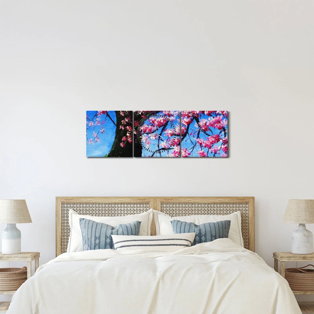 Tablou - Cireș înflorit - pictură (cu ceas) (90x30 cm)