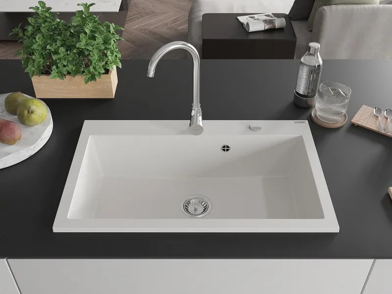 Mexen Elix chiuvetă de bucătărie din granit cu 1 compartiment 800 x 500 mm, alb, sifon crom - 6527801005-20