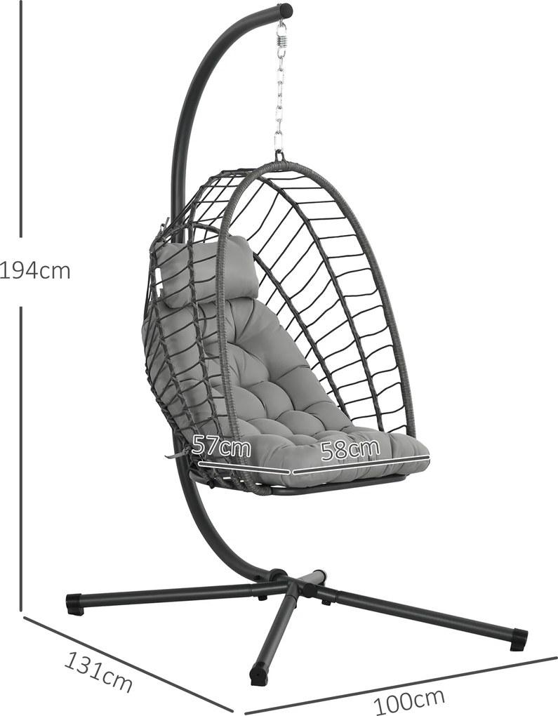 Outsunny Scaun Balansoar pentru Exterior cu Pernă Căptușită, Scaun Suspendat cu Coș Pliabil și Suport Metalic, 100x131x194 cm, Gri | Aosom Romania