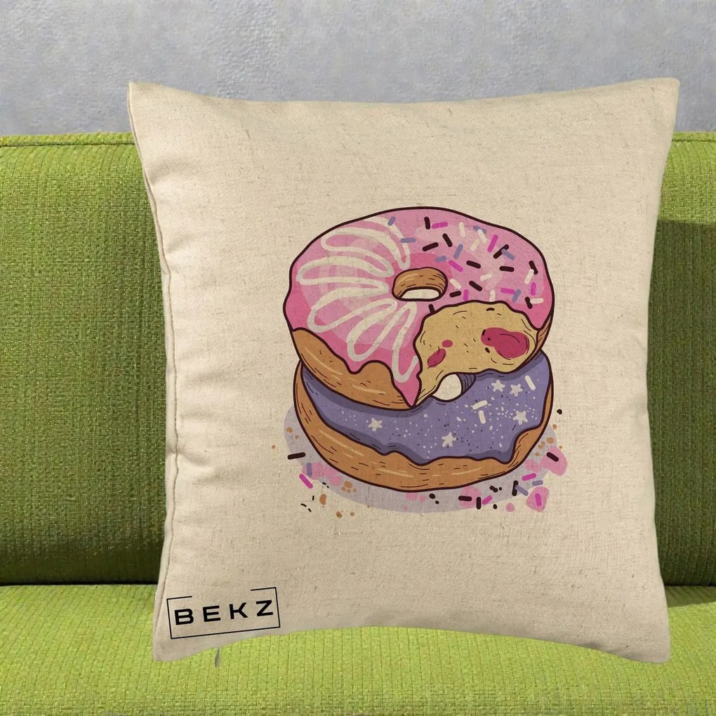 Perna Decorativa Donuts Roz si Mov, 40x40 cm, Bej, Husa Detasabila, Perna Inclusa, BEKZ®