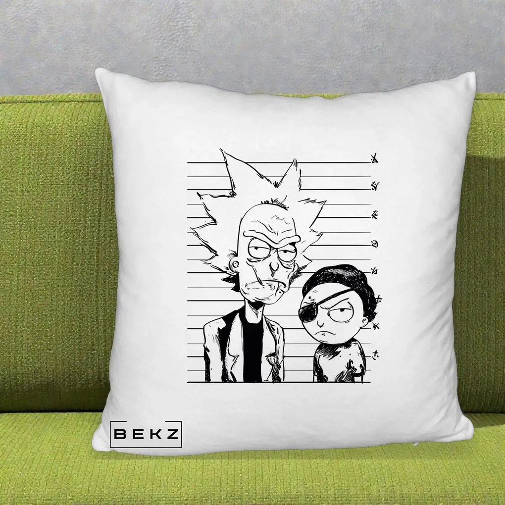 Perna Personalizata Rick si Morty Dosar, 40x40 cm, Alb Pufos, Husa Detasabila, Perna Inclusa, BEKZ®