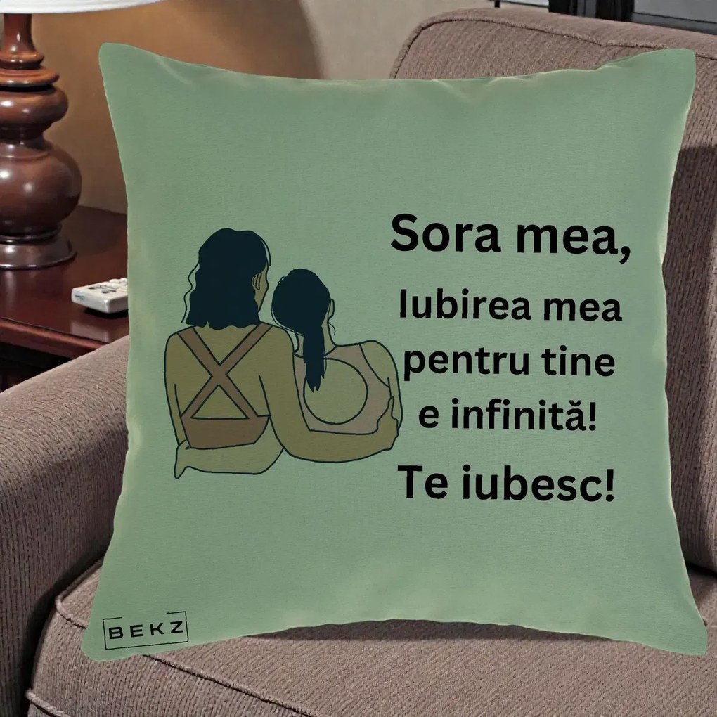 Cadou pentru Sora - Perna Personalizata Sora Mea Te Iubesc Doua Fete Fashioniste Line Art, 40x40 cm, Verde, Husa Detasabila, Perna Inclusa, BEKZ®