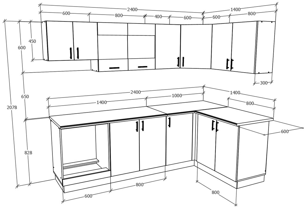 Set Bucatarie Colt Karo V34, Stejar Sonoma Inchis/Alb, Blat Thermo 28 mm, L 240 x 140 cm