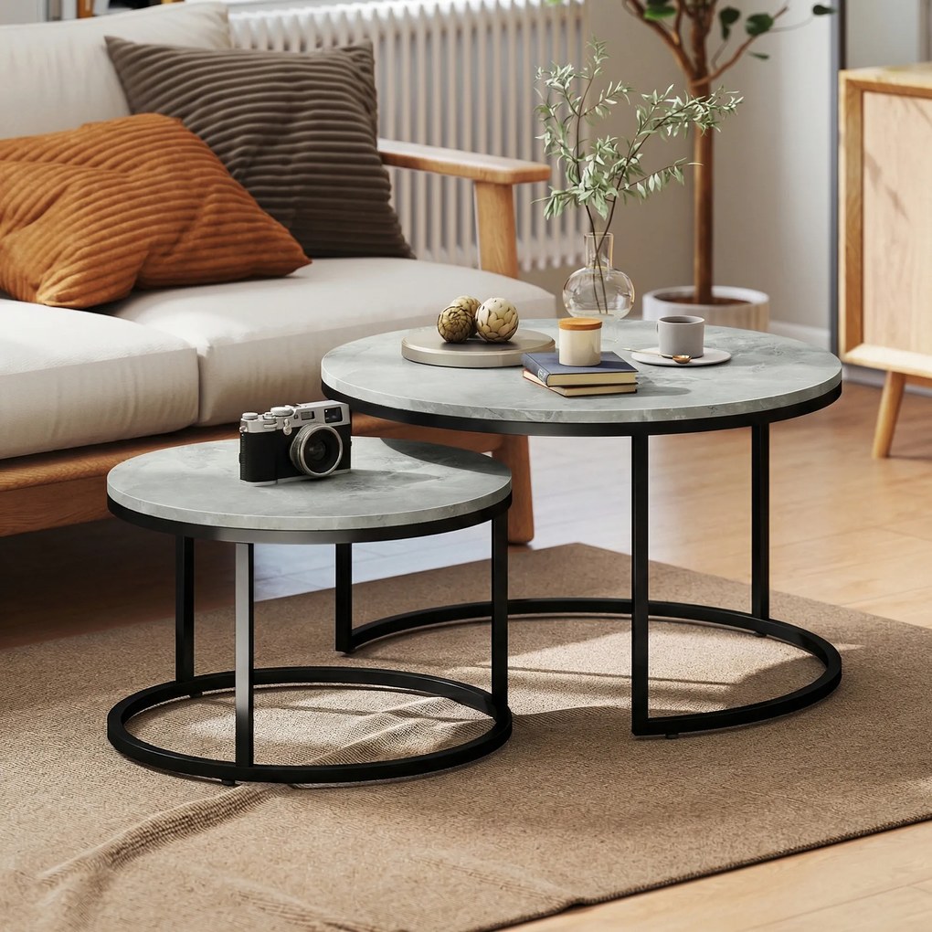 HOMCOM Set 2 măsuțe de cafea moderne, suprapuse, rotunde, gri marmorat | Aosom Romania