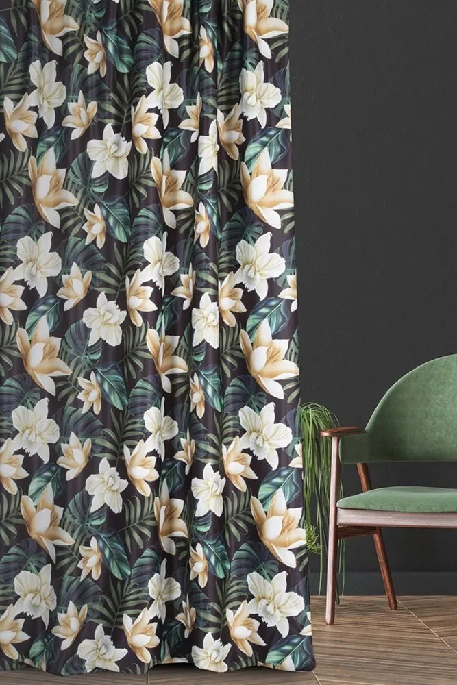 Draperie verde scurtă decorativă, cu flori, agățat de cârlige Lungime: 170 cm