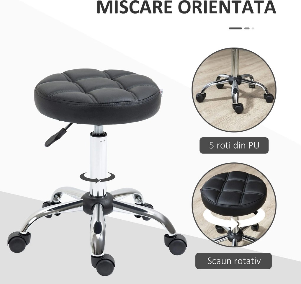 HOMCOM Scaun Rotativ cu Roti, Rotund, Scaun pentru Coafor și Estetician cu Înălțime Ajustabilă, Tapițat în Piele Ecologică, Ø35.5x51-67 cm, Negru