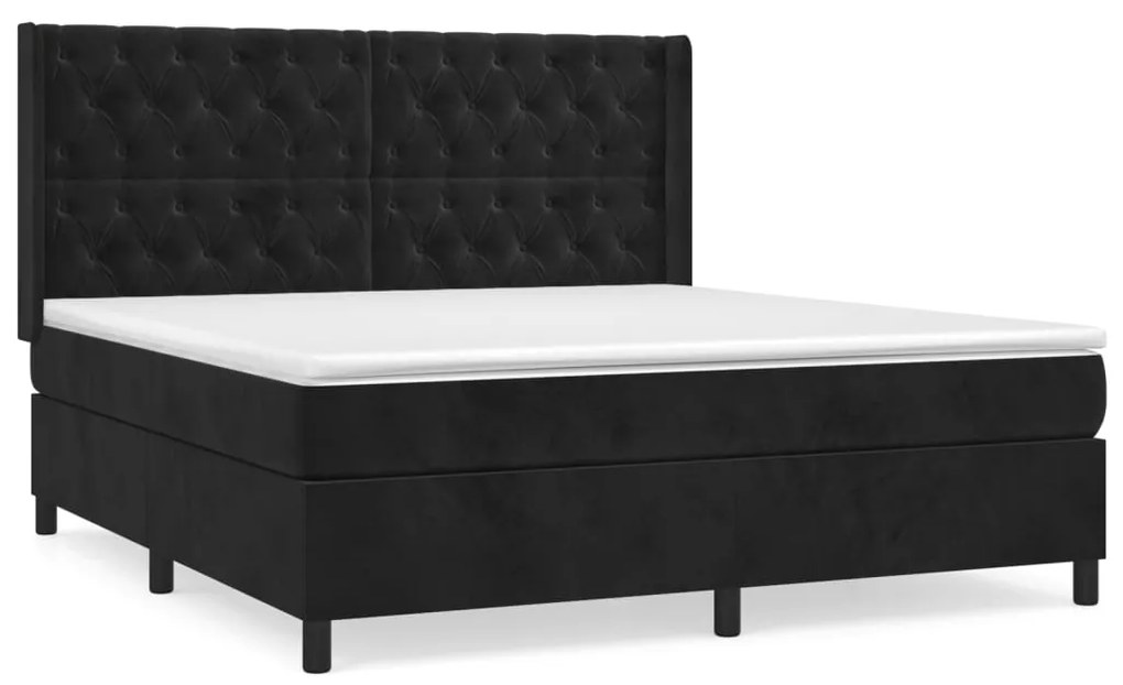 Pat box spring cu saltea, negru, 160x200 cm, catifea Negru, 160 x 200 cm, Design cu nasturi