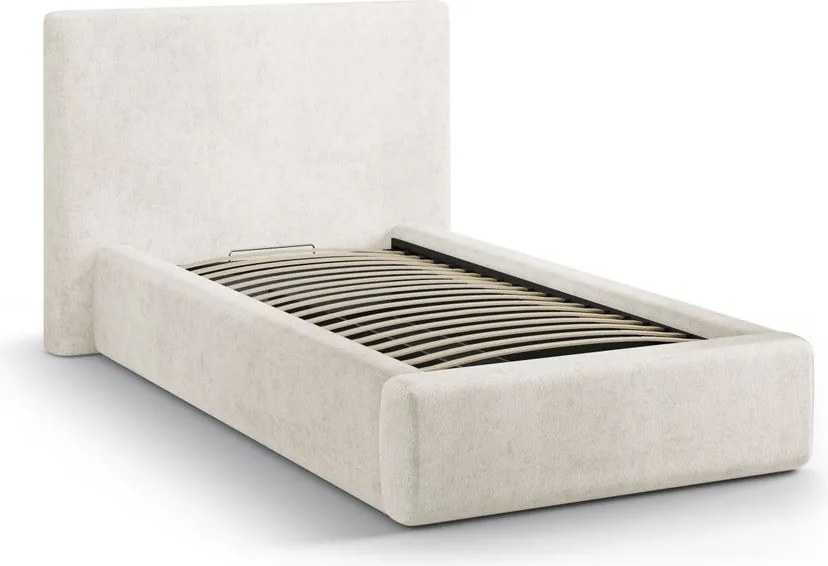 Pat crem tapițat cu spațiu de depozitare cu somieră 90x200 cm Amy – Micadoni