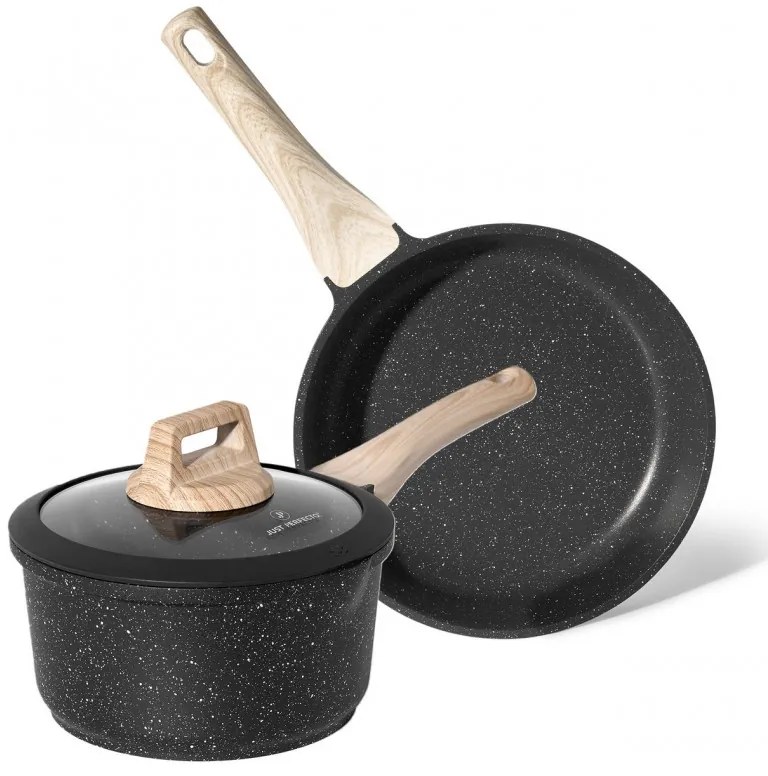 Set tigaie si cratita Just Perfecto JL-43, 2 piese, Finisaj marmura, Fara PFOA si PFAS, Capac din sticla, Inductie, Negru