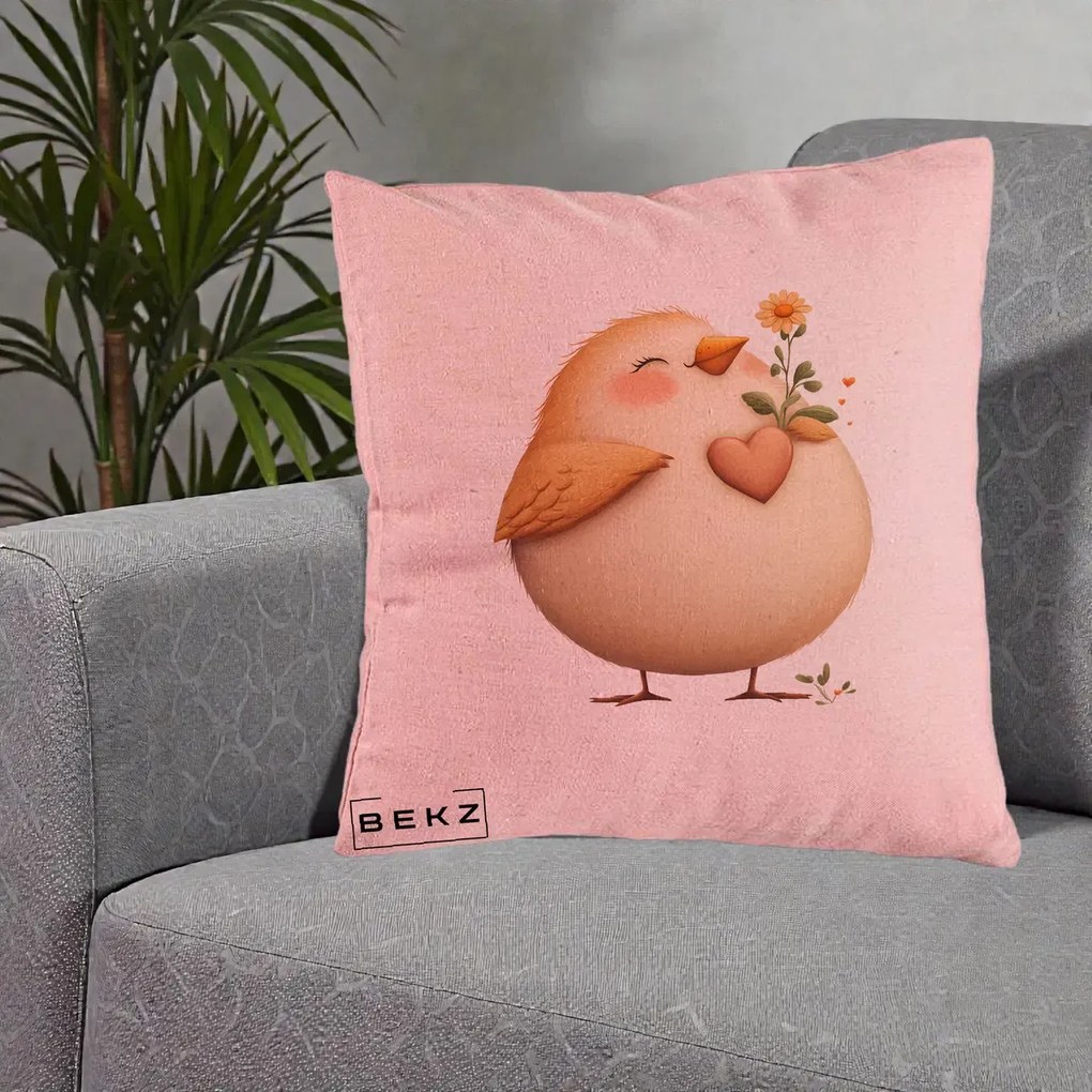 Perna Decorativa Pui cu Inima si Floarea-Soarelui, 40x40 cm, Roz, Husa Detasabila, Perna Inclusa, BEKZ®