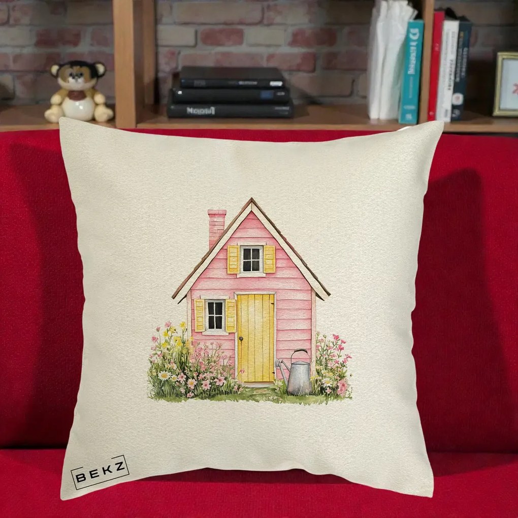 Perna Decorativa Casuta Roz Acuarela cu Gradina, 40x40 cm, Ecru, Husa Detasabila, Perna Inclusa, BEKZ®