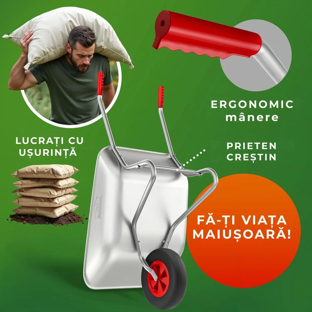 Roabă LARRY zincată, capacitate max. 80l/100kg, argintiu/negru Gardebruk