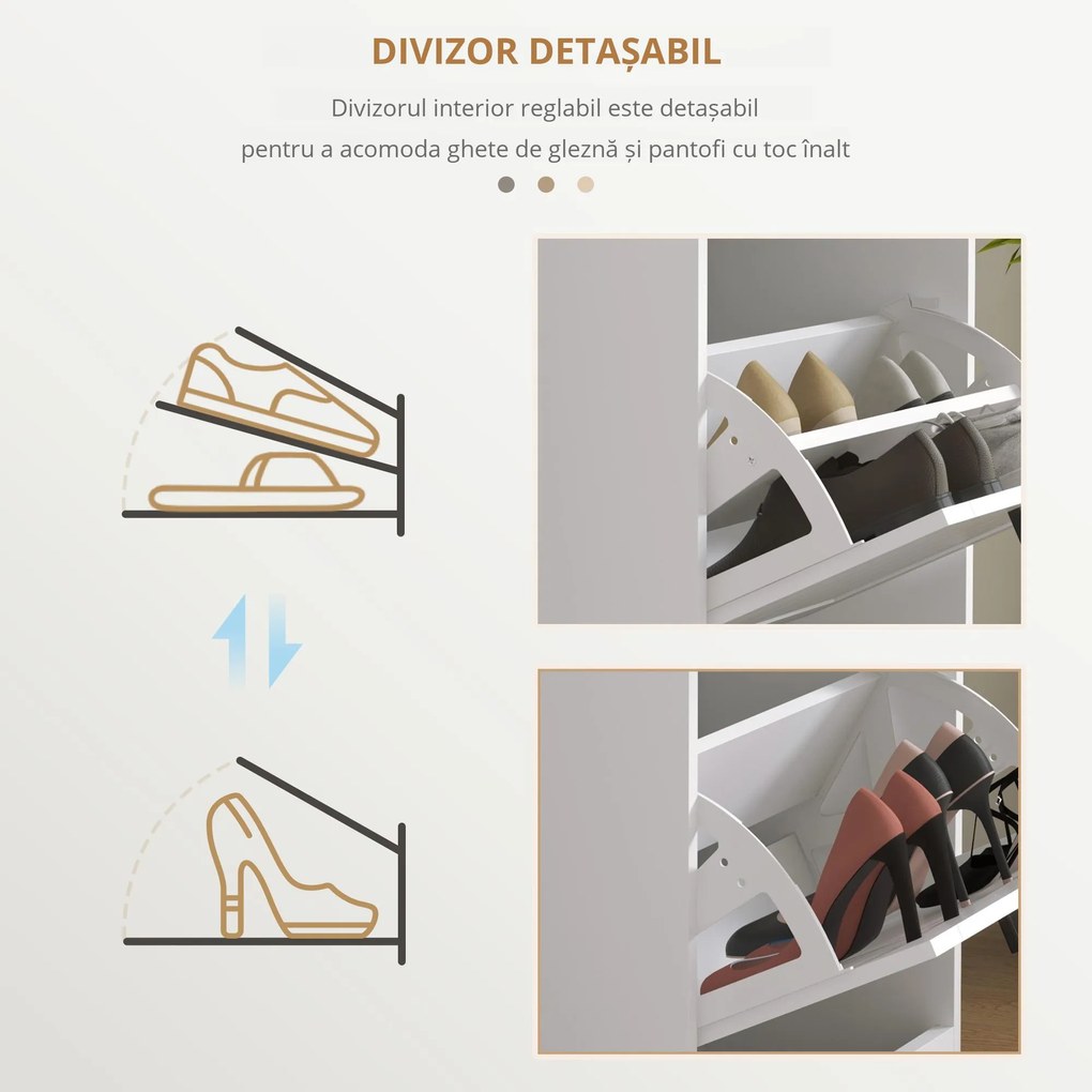 HOMCOM Dulap Spațios pentru Pantofi cu 3 Sertare Rabatabile pentru 15 Perechi de Pantofi, 54x24x117,5 cm, Alb | Aosom Romania