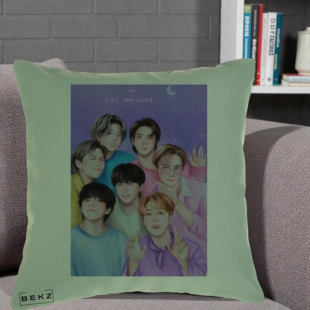 Perna Personalizata K-pop BTS Our Universe Fanart Violet Pastel, 40x40 cm, Verde, Husa Detasabila, Perna Inclusa, BEKZ®