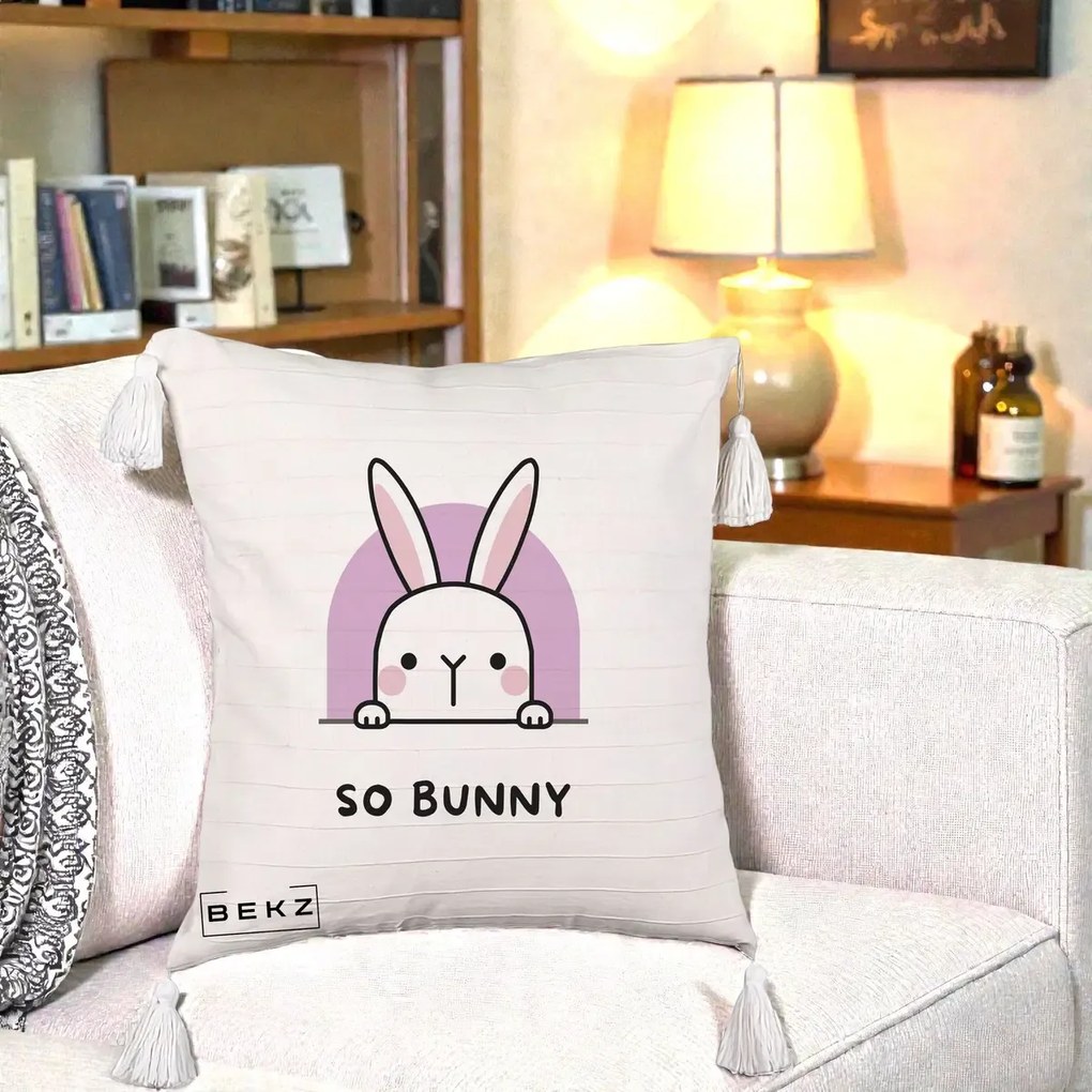 Perna Decorativa So Bunny Kawaii, 40x40 cm, Bej cu Franjuri, Husa Detasabila, Perna Inclusa, BEKZ®
