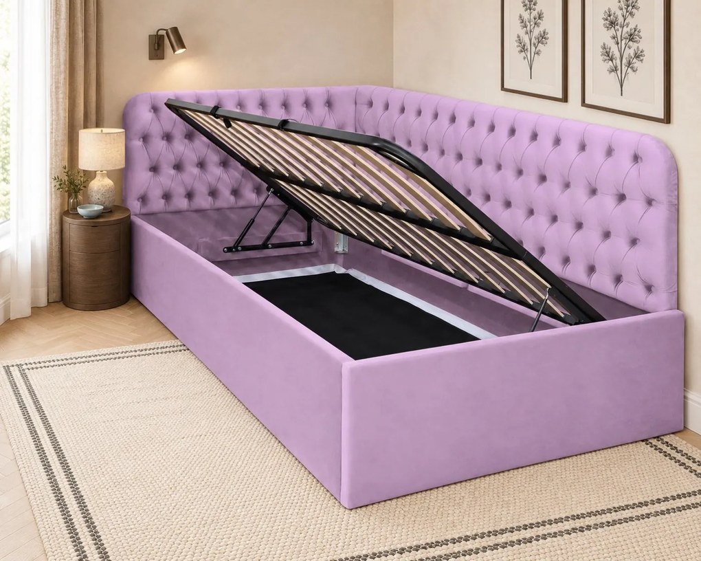 Pat tapițat pentru copii din catifea Elyra 140×200 cm, lila, colț dreapta, cu ladă de depozitare
