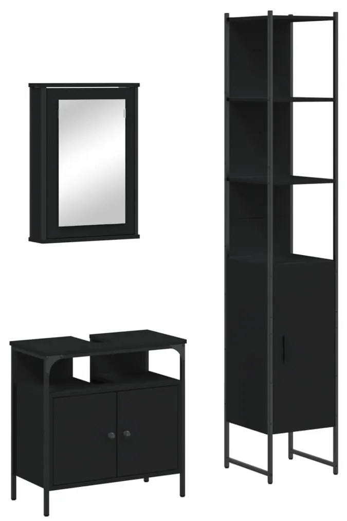 3214795 vidaXL Set mobilier de baie, 3 piese, negru, lemn compozit