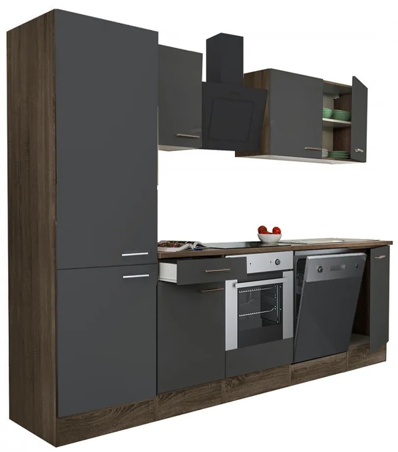 Mobilă de bucătărie Yorki 280, corp stejar Yorki, față antracit satinat cu element cuptor inferior, dulap cu raft