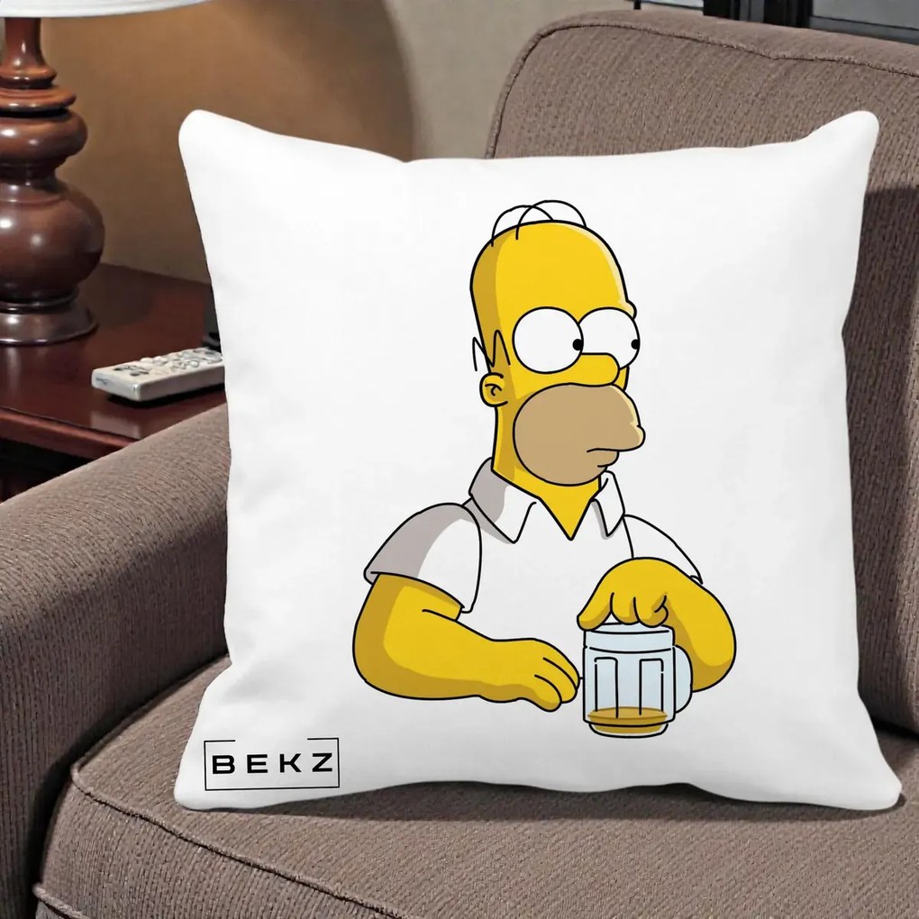 Perna Personalizata Homer Simpson cu Bere, 40x40 cm, Alba Mata, Husa Detasabila, Perna Inclusa, BEKZ®