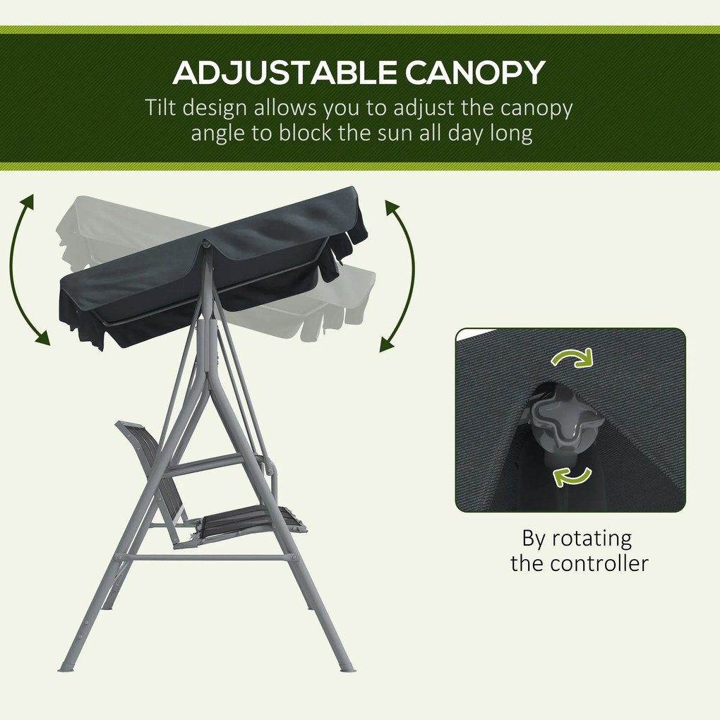 Outsunny Leagăn de grădină 3 locuri cu acoperiș parasolar reglabil și detașabil, șezut respirabil din poliester, capacitate 240 kg, 171x108x154 cm, gri închis | Aosom Romania