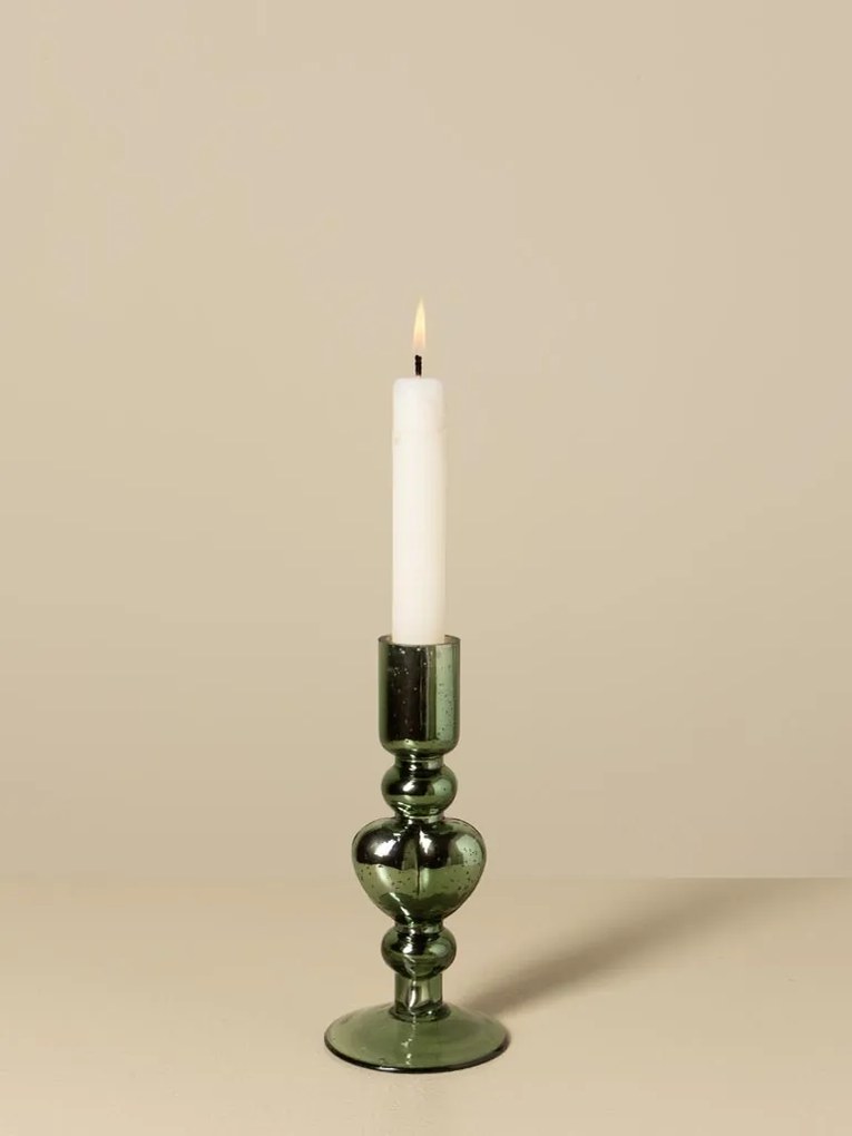 Sfeșnic din sticlă cu inimă sculptată, verde-maro, finisaj lucios, 17×8 cm, „Coeur Vert"