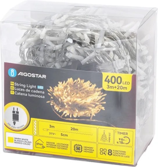 Aigostar - Ghirlandă LED pentru exterior 400xLED/6W/230V 20m IP44 alb cald