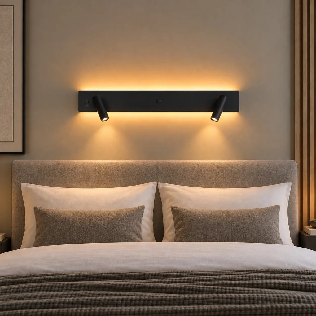 Lampă de perete modernă neagră cu 2 lumini, inclusiv LED cu iluminare de fundal și USB-C - Longly