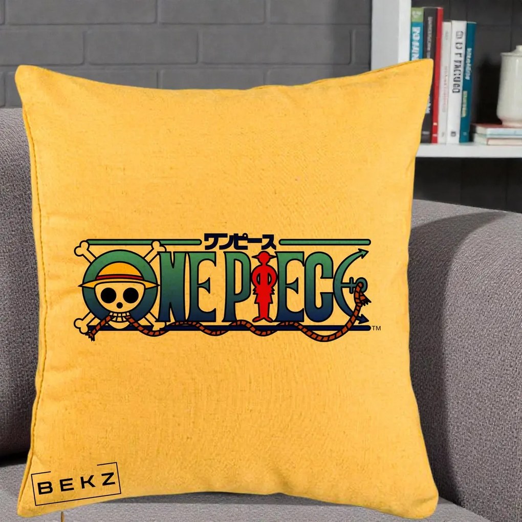 Perna Personalizata One Piece Clasic Albastru, 40x40 cm, Galben, Husa Detasabila, Perna Inclusa, BEKZ®