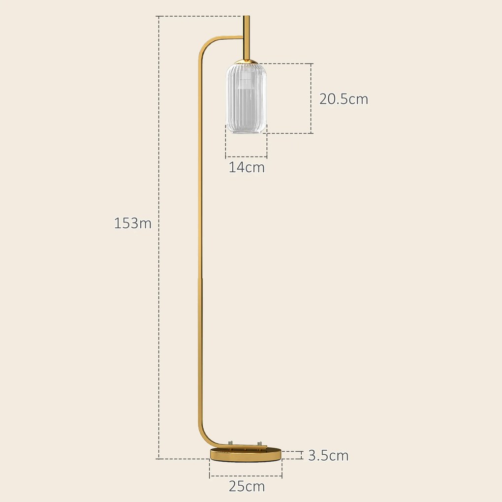 HOMCOM Lampă de Podea Modernă cu Luminozitate Reglabilă, Abajur din Sticlă și Întrerupător de Picior, 29x25x153 cm, Auriu | Aosom Romania