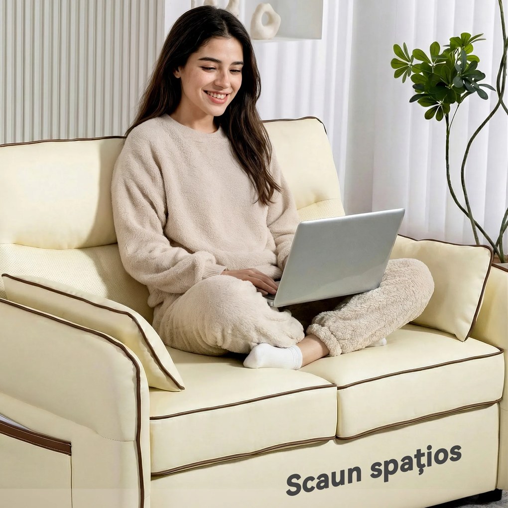 HOMCOM Divan 2 Locuri Imbottit din Piele Sintetică cu Bord Contrastant, Divan Living cu Perne Groase, 2 Perne Detasabile și Lavabile, Brațe și Buzunare Laterale, 136x81x90 cm, Bej | Aosom Romania