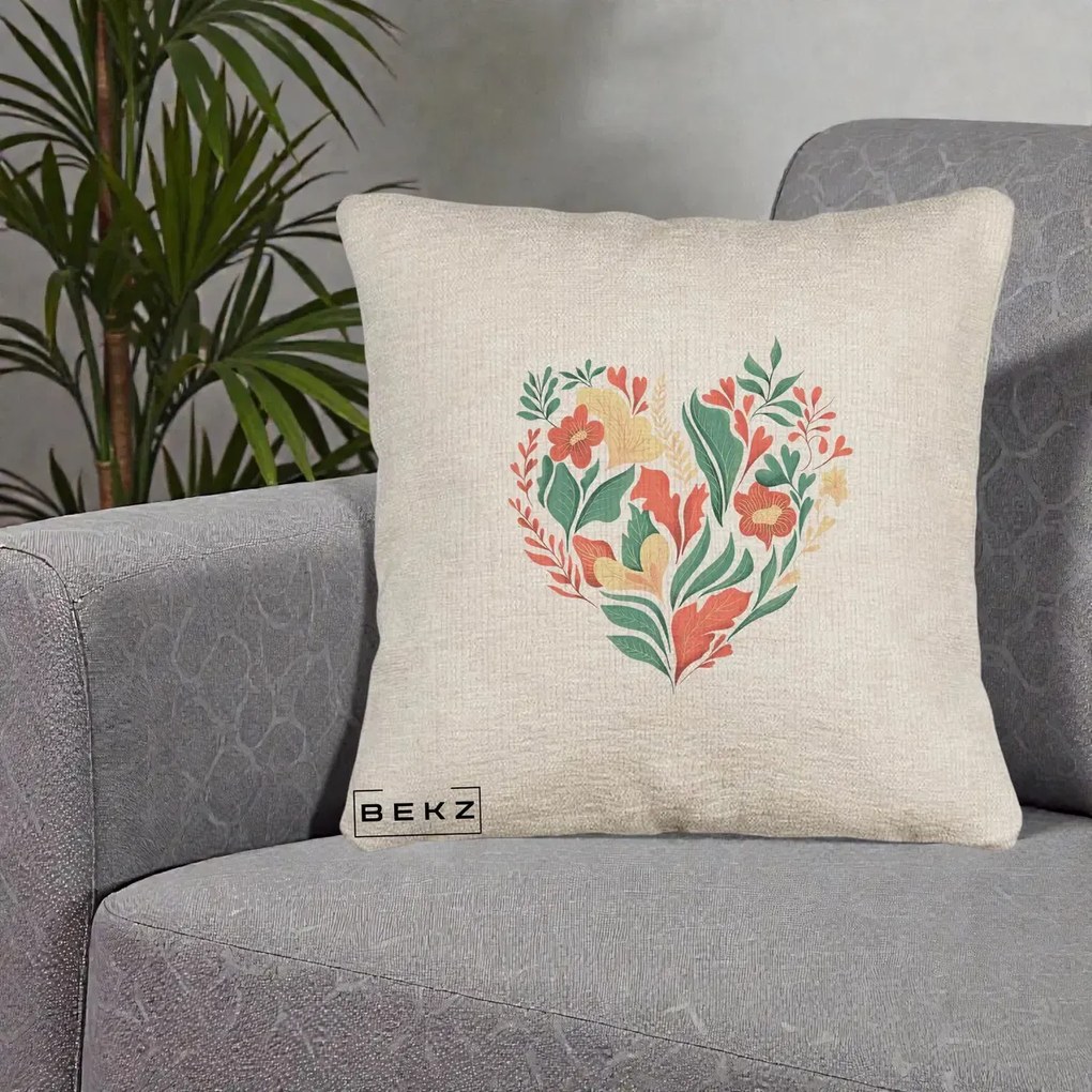Perna Decorativa Inima Florala Botanica, 40x40 cm, Bej Canapea, Husa Detasabila, Perna Inclusa, BEKZ®