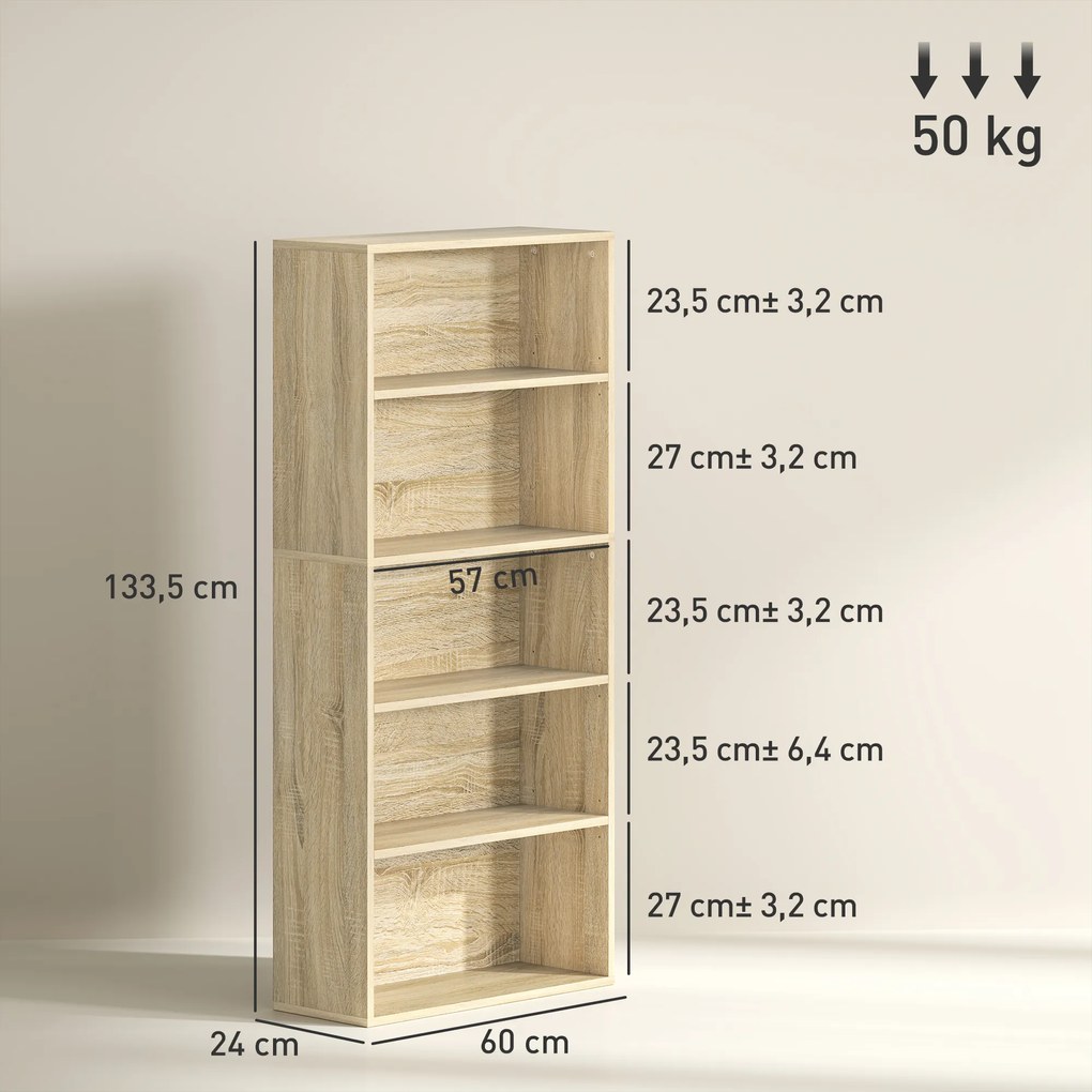 HOMCOM Bibliotecă raft de depozitare 5 nivele cu rafturi reglabile pentru living, dormitor, birou, 60x24x133,5 cm, natural | Aosom Romania